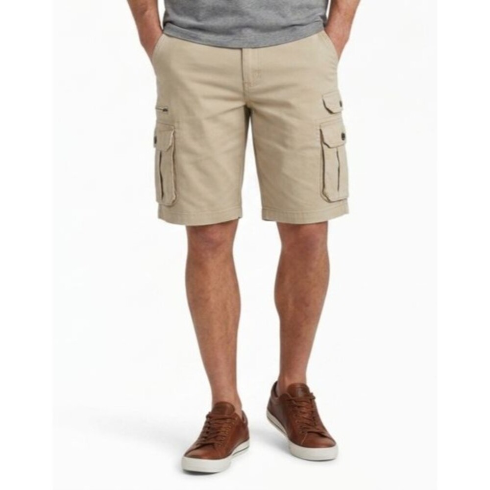 IRON CO Mens Stretch Twill Cargo Shorts Size 38 Dune Khaki Comfort Waist EUC
